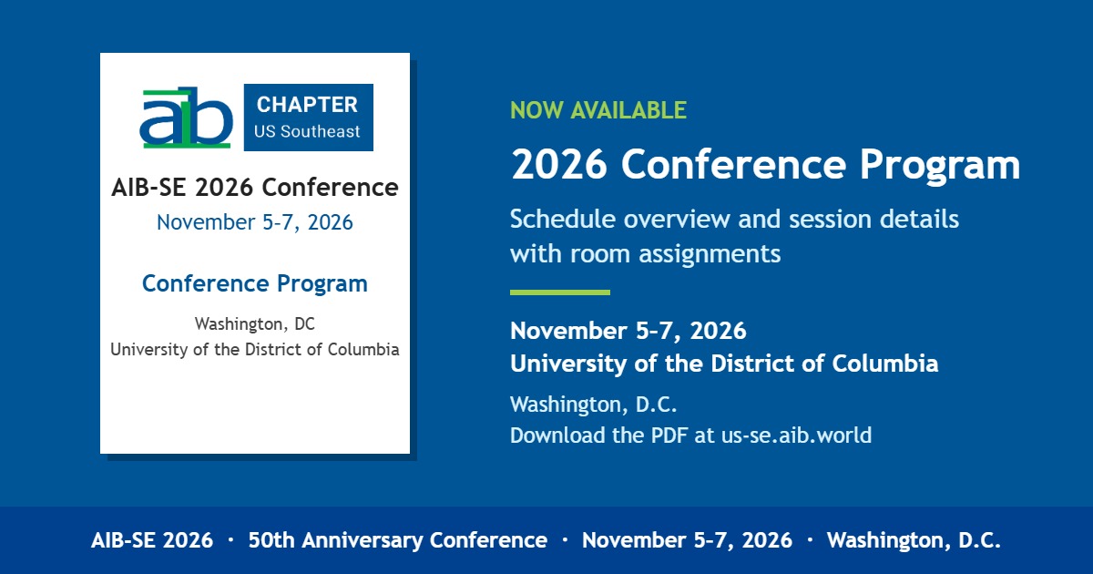 AIB-SE 2026 Conference Program now available: schedule overview and session details with room assignments, November 5–7, 2026, University of the District of Columbia, Washington, D.C.